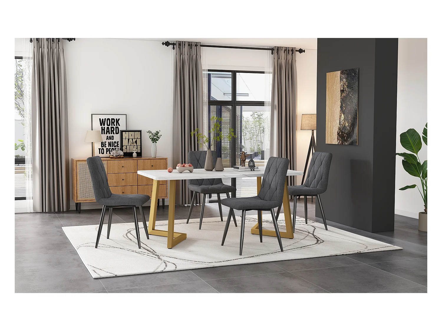 Ensemble de salle à manger (117x68 cm), table rectangulaire moderne avec 4 chaises, tissu lin gris foncé, pieds métalliques dorés, (117x68x75 cm)