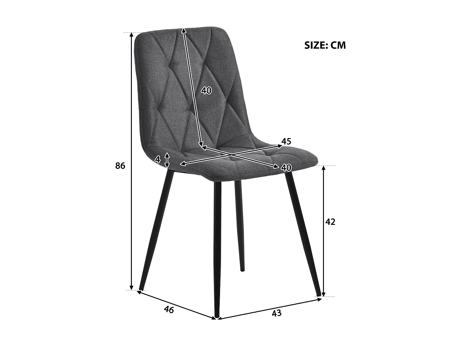 Ensemble de salle à manger (117x68 cm), table rectangulaire moderne avec 4 chaises, tissu lin gris foncé, pieds métalliques dorés, (117x68x75 cm)