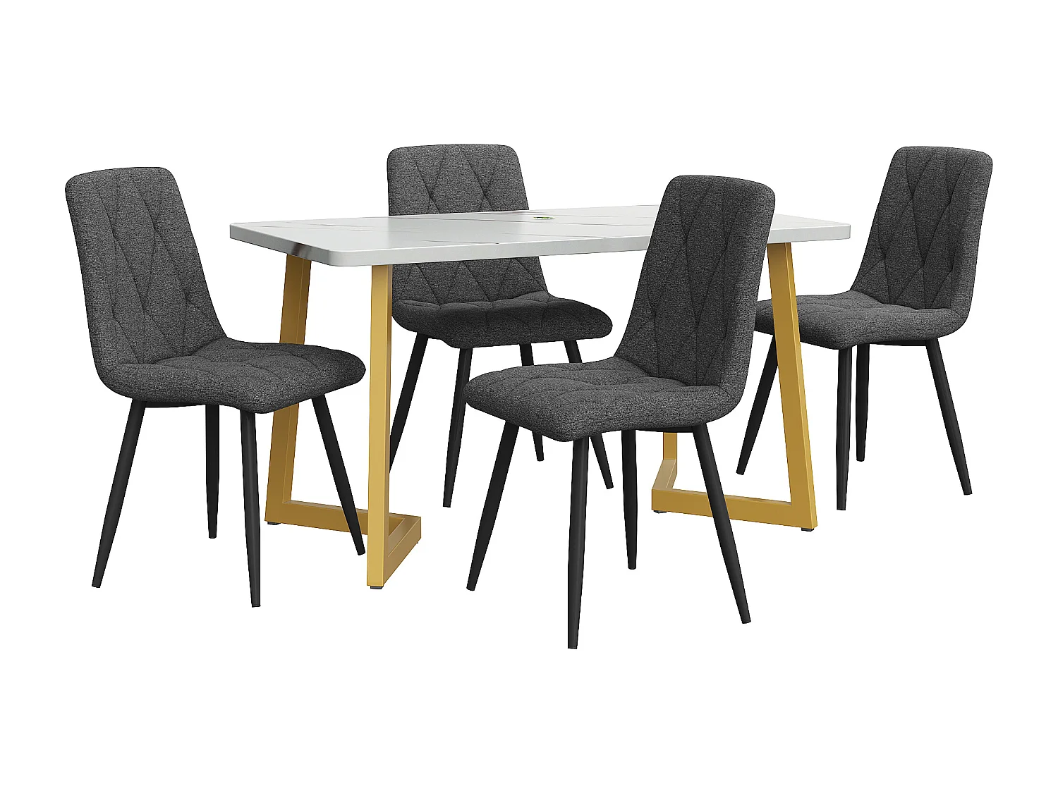 Eetkamerset (117x68 cm), moderne rechthoekige tafel met 4 stoelen, donkergrijze linnen stof, gouden metalen poten, (117x68x75 cm)