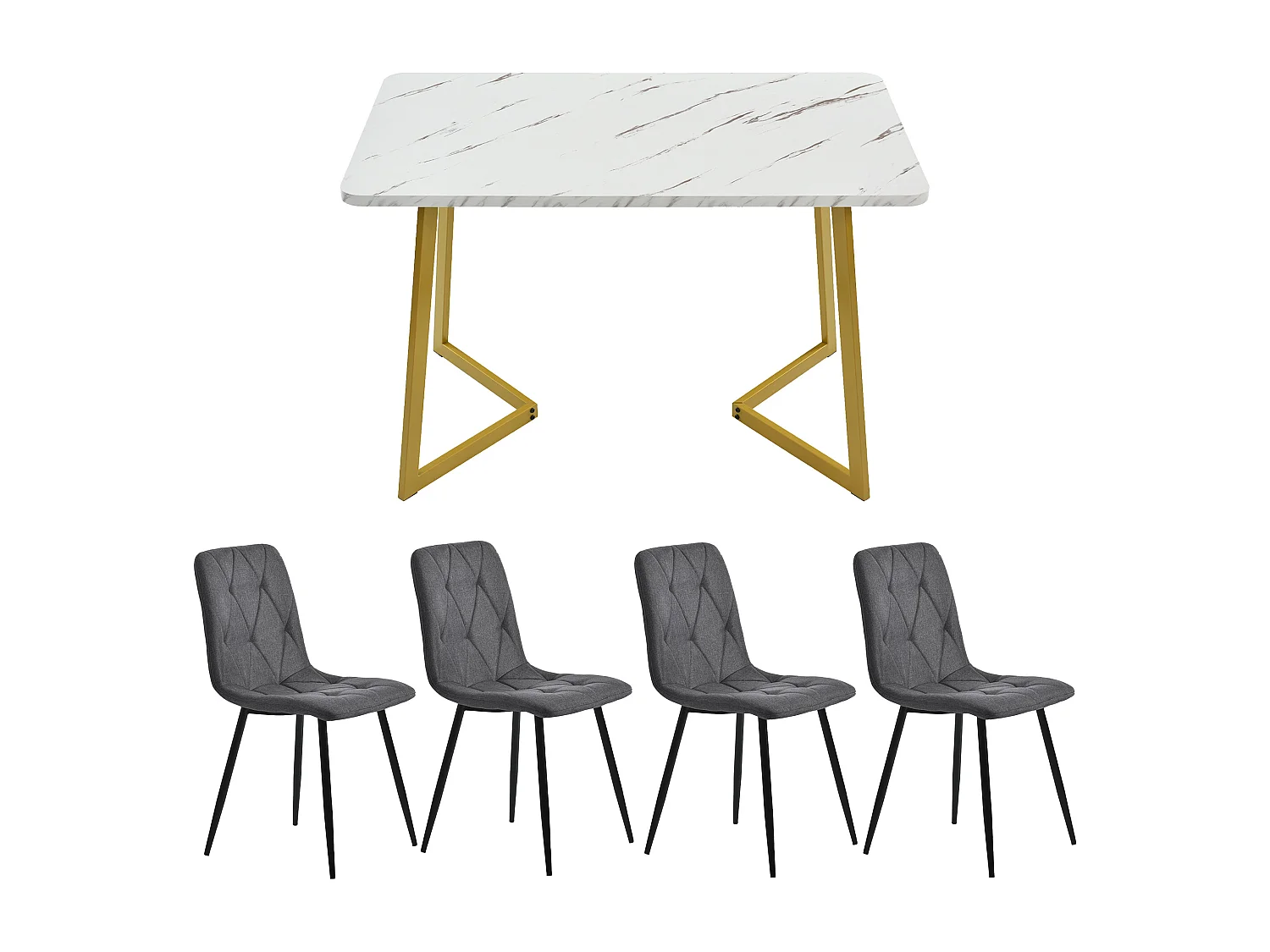 Eetkamerset (117x68 cm), moderne rechthoekige tafel met 4 stoelen, donkergrijze linnen stof, gouden metalen poten, (117x68x75 cm)