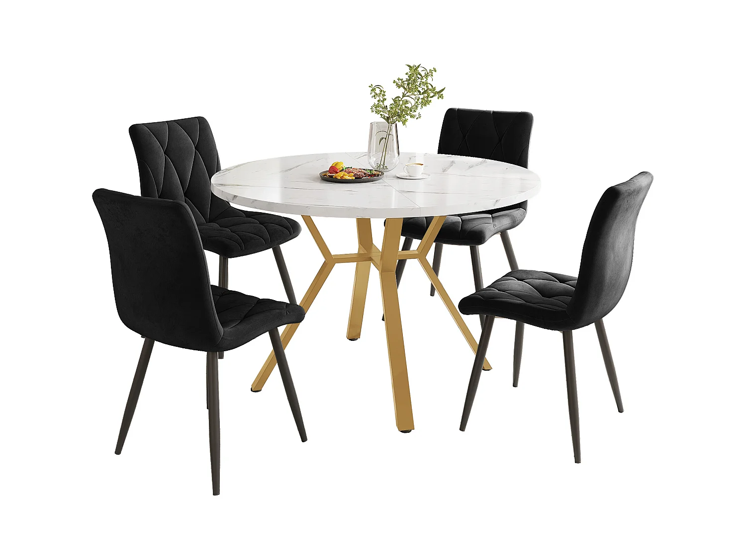 Ensemble de salle à manger 5 pièces, table ronde en marbre + 4 chaises en velours noir, pieds métalliques dorés (50 x 50 x 75 cm)