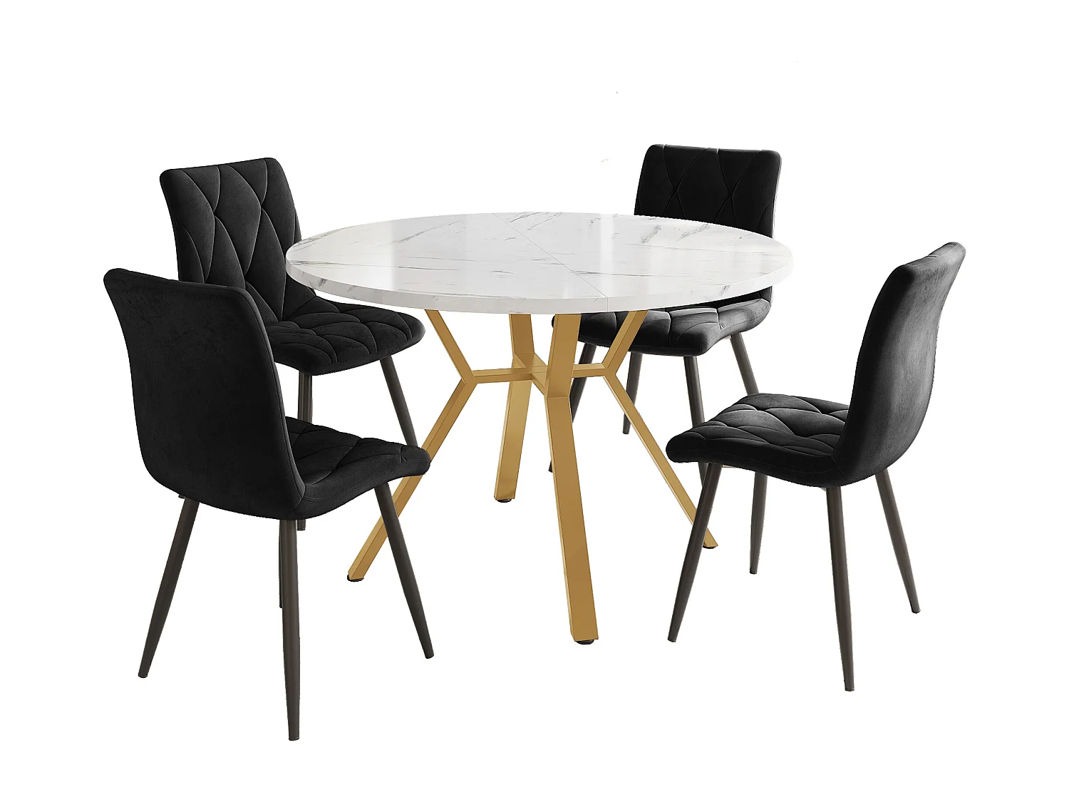 Ensemble de salle à manger 5 pièces, table ronde en marbre + 4 chaises en velours noir, pieds métalliques dorés (50 x 50 x 75 cm)