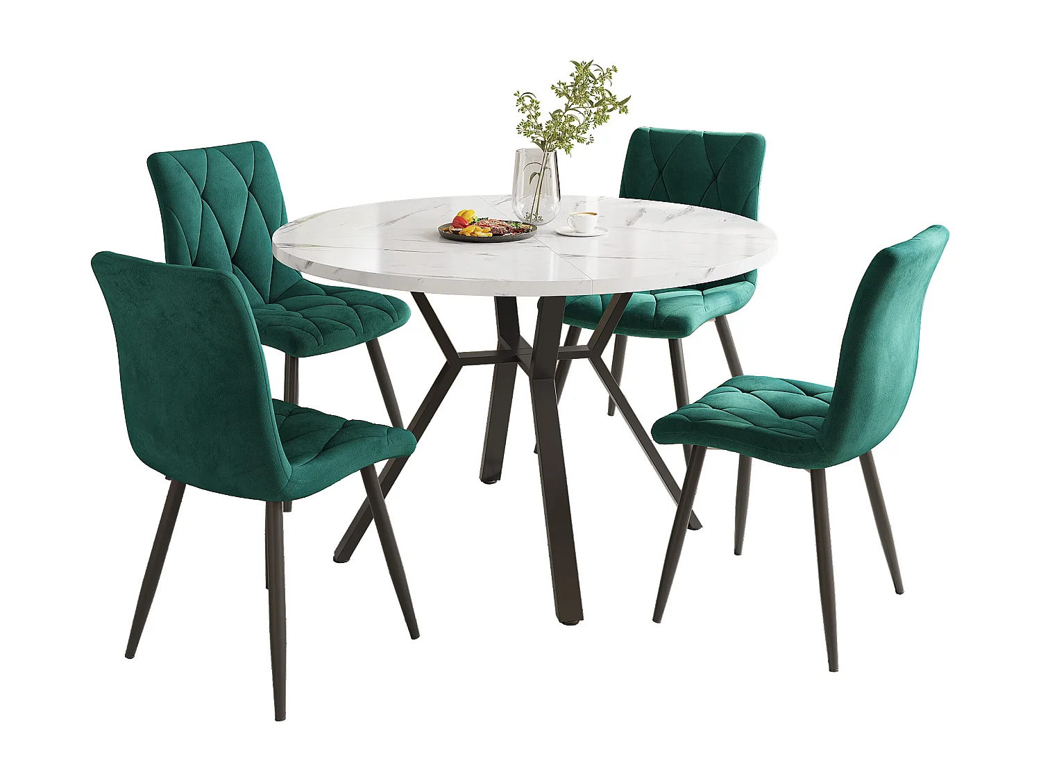 Conjunto de mesa y sillas de comedor de 5 piezas, mesa redonda de mármol + 4 sillas ergonómicas de ante verde, MDF + acero, negro y verde (50x50x75 cm)