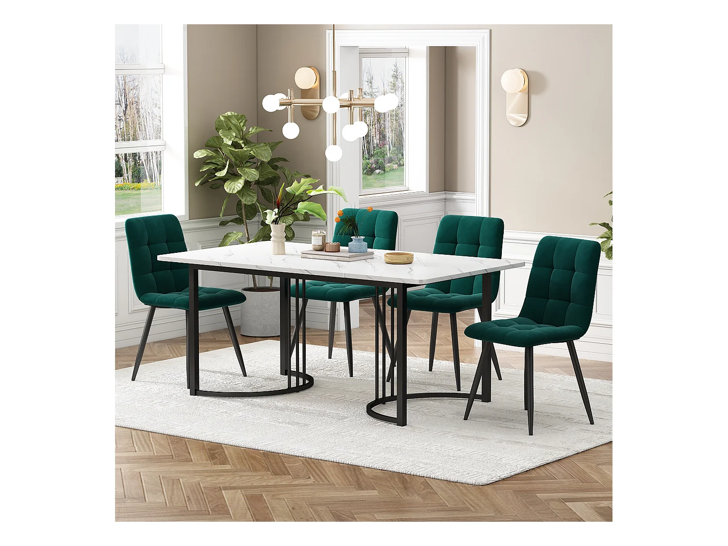 Eetkamerset van 5 stuks, tafel en 4 stoelen, wit MDF, zwarte metalen poten, donkergroene fluwelen stoelen, ruitmotief (140x80x75 cm)