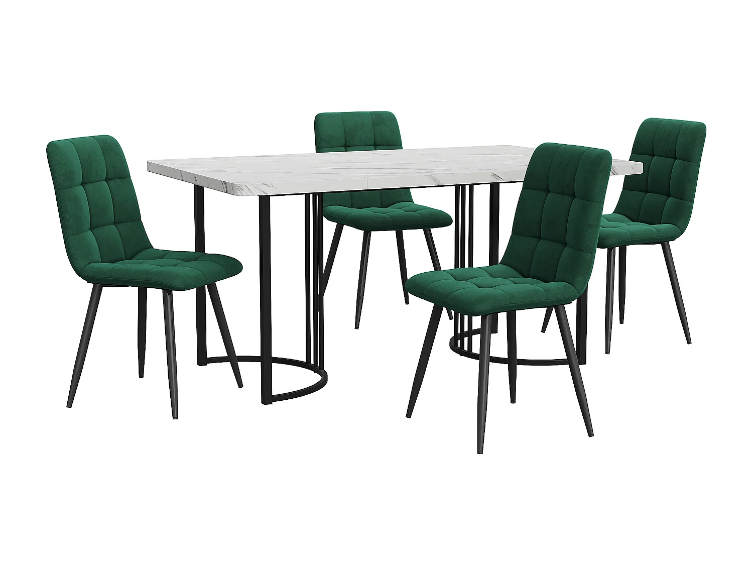 Eetkamerset van 5 stuks, tafel en 4 stoelen, wit MDF, zwarte metalen poten, donkergroene fluwelen stoelen, ruitmotief (140x80x75 cm)