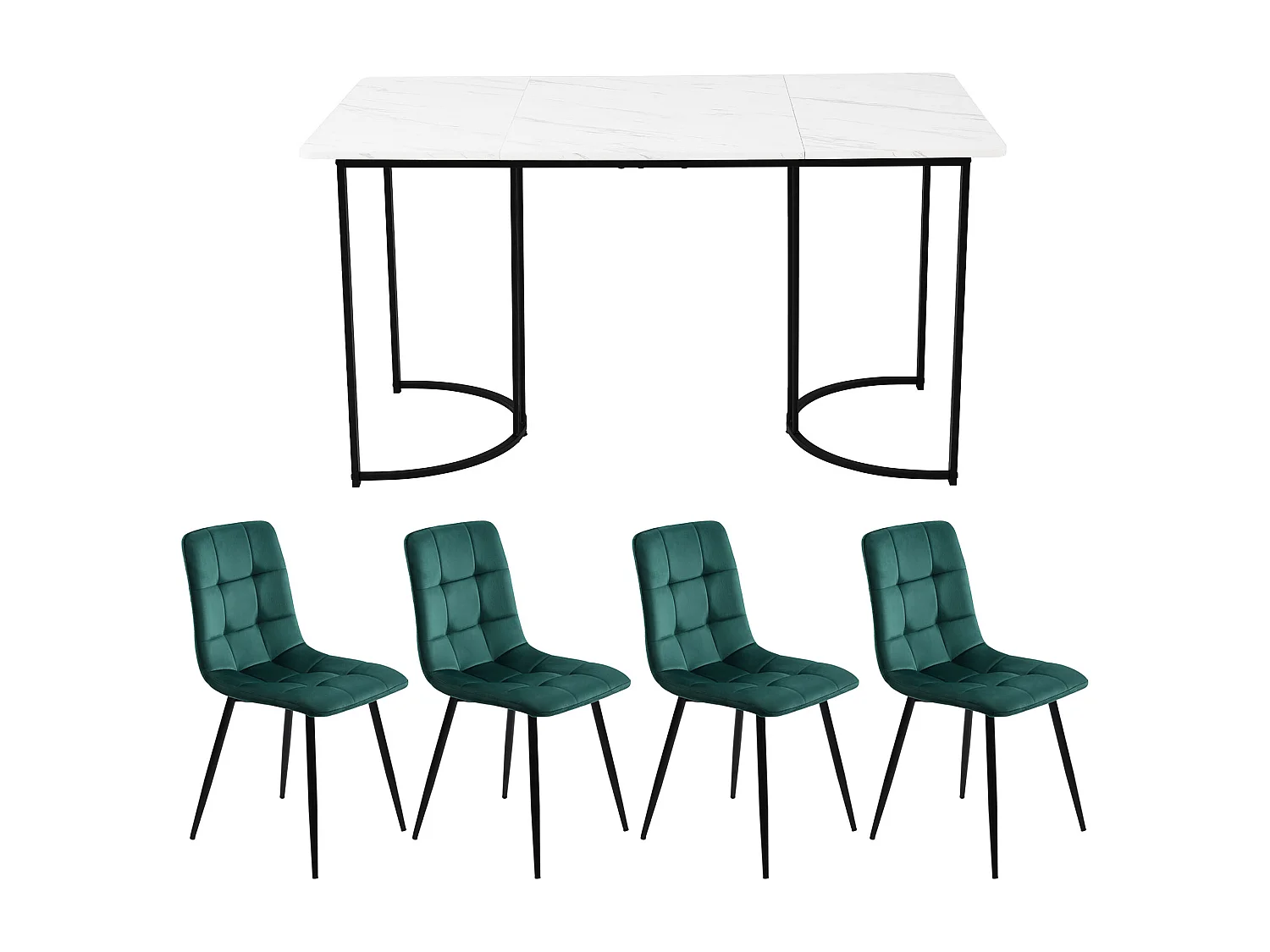 Eetkamerset van 5 stuks, tafel en 4 stoelen, wit MDF, zwarte metalen poten, donkergroene fluwelen stoelen, ruitmotief (140x80x75 cm)