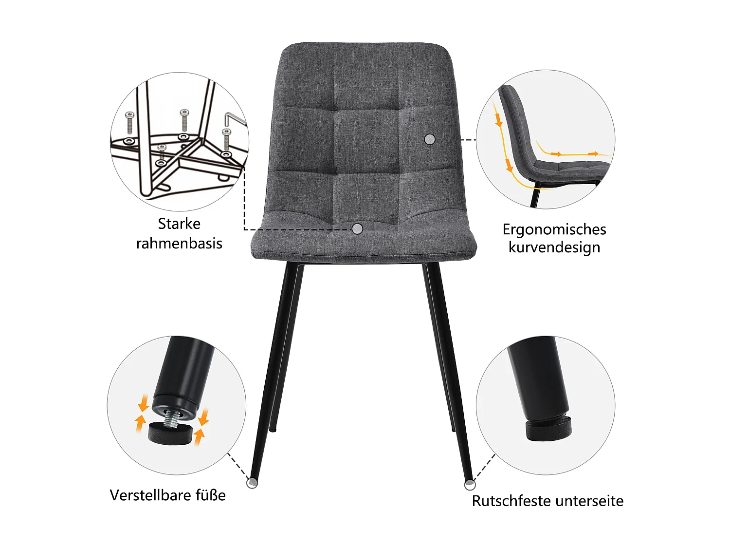 ensemble de salle à manger (5 pièces), Table de Salle à Manger Rectangulaire 117x68 cm avec 4 Chaises en Lin Gris, Pieds Métalliques Noirs