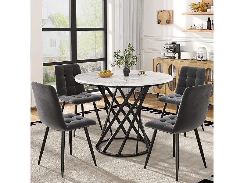 Ensemble Table à Manger Ronde avec 4 Chaises, MDF Effet Marbre, Pieds Métalliques Noirs, Chaises en Velours Gris (80x80x76 cm)