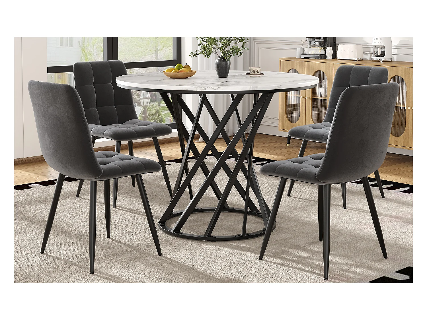 Ensemble Table à Manger Ronde avec 4 Chaises, MDF Effet Marbre, Pieds Métalliques Noirs, Chaises en Velours Gris (80x80x76 cm)