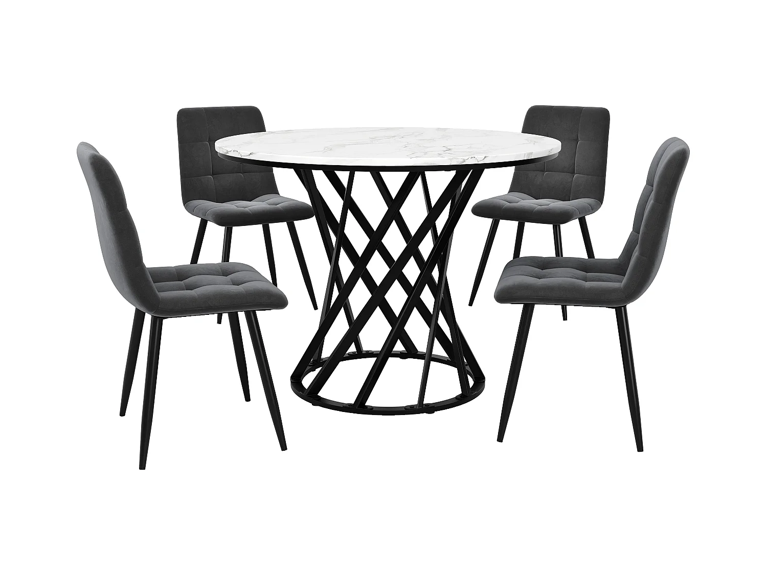 Ensemble Table à Manger Ronde avec 4 Chaises, MDF Effet Marbre, Pieds Métalliques Noirs, Chaises en Velours Gris (80x80x76 cm)