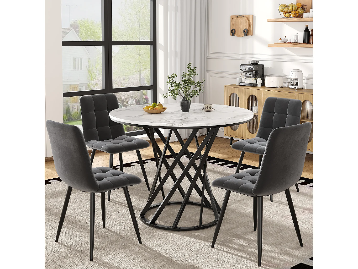 Ronde eettafelset met 4 stoelen, marmereffect MDF, zwarte metalen poten, grijze fluwelen stoelen (80x80x76 cm)