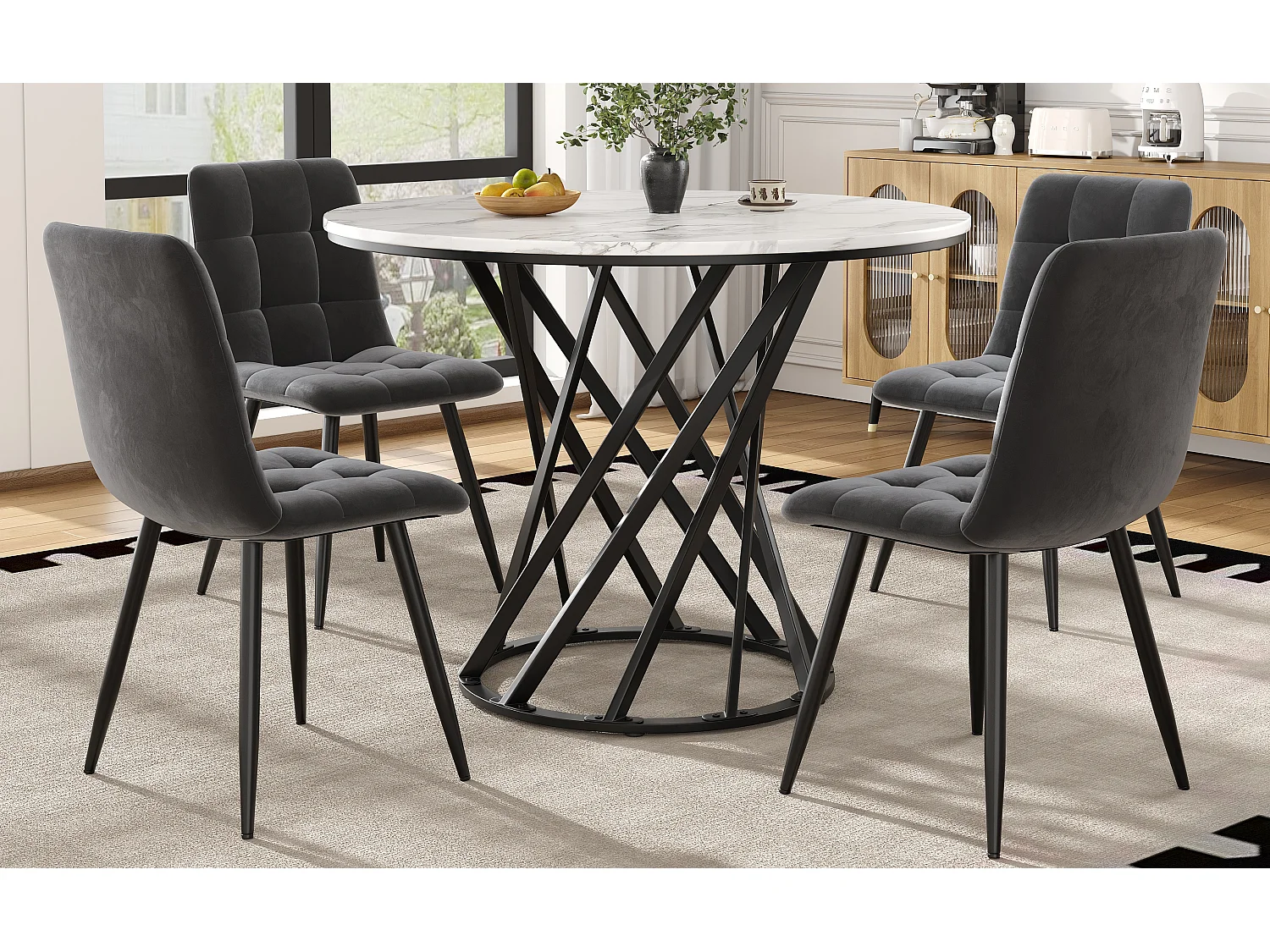 Ronde eettafelset met 4 stoelen, marmereffect MDF, zwarte metalen poten, grijze fluwelen stoelen (80x80x76 cm)
