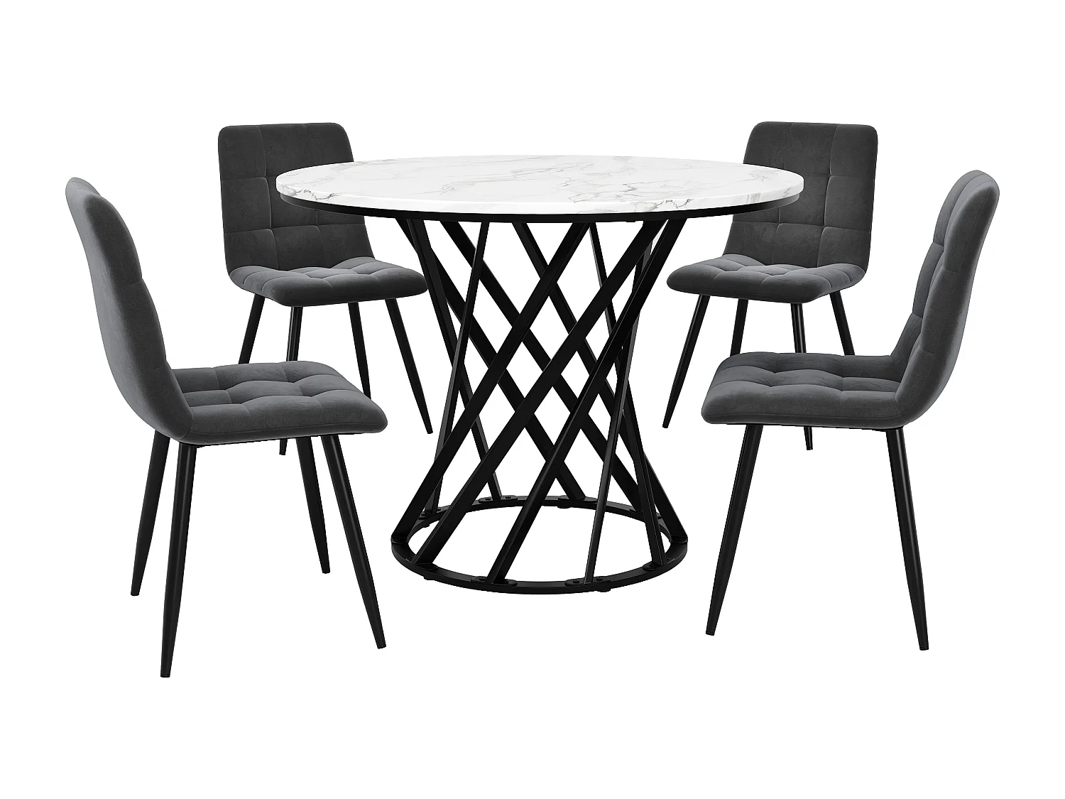 Ronde eettafelset met 4 stoelen, marmereffect MDF, zwarte metalen poten, grijze fluwelen stoelen (80x80x76 cm)