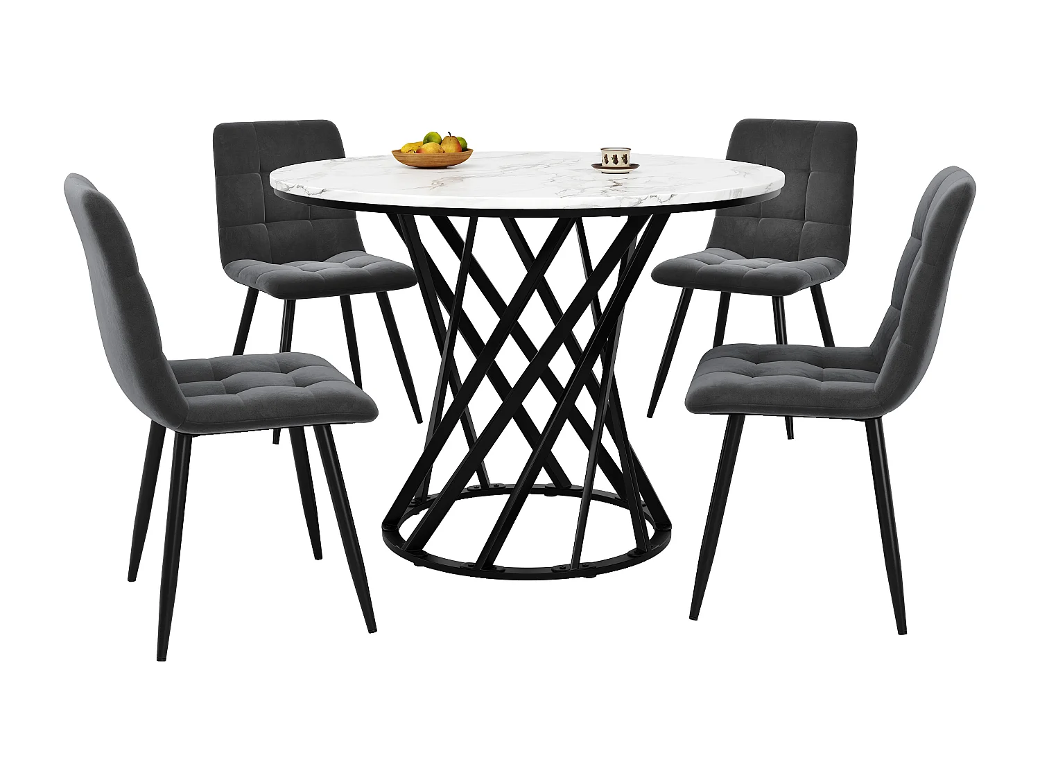 Ronde eettafelset met 4 stoelen, marmereffect MDF, zwarte metalen poten, grijze fluwelen stoelen (80x80x76 cm)