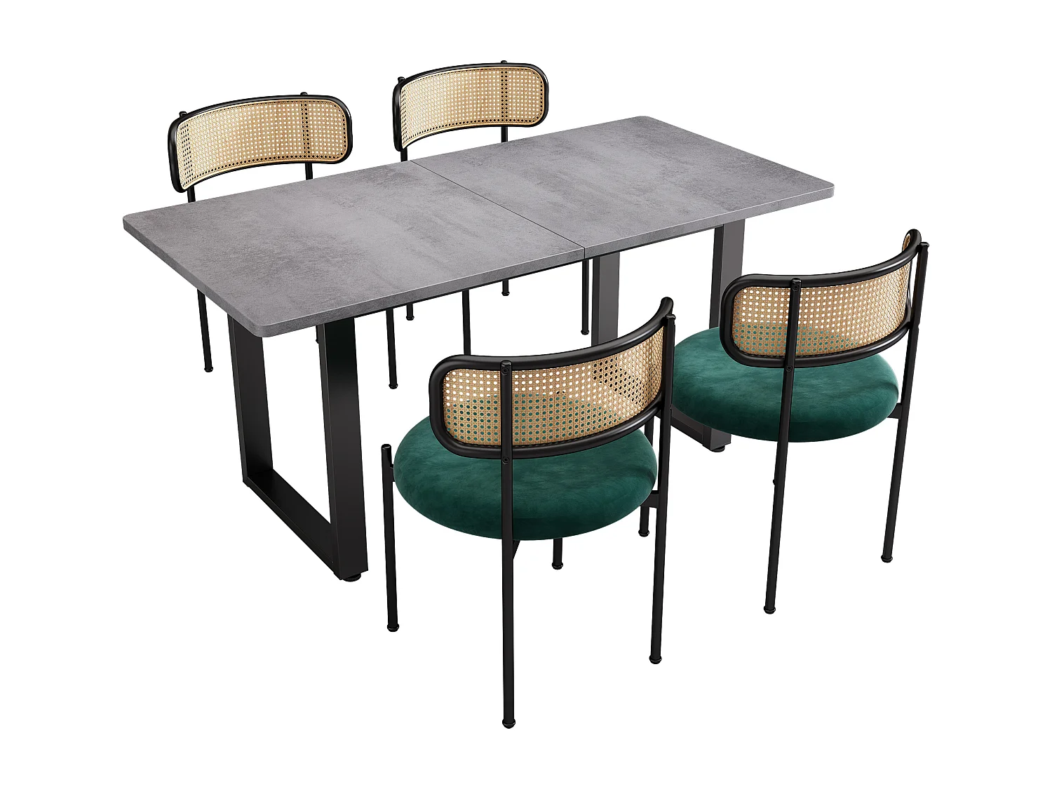 Ensemble Table à manger et chaises, 5 pièces, 4 chaises velours, 1 table rectangulaire MDF, noir + gris + vert (L140/180 x l80 x H75 cm)