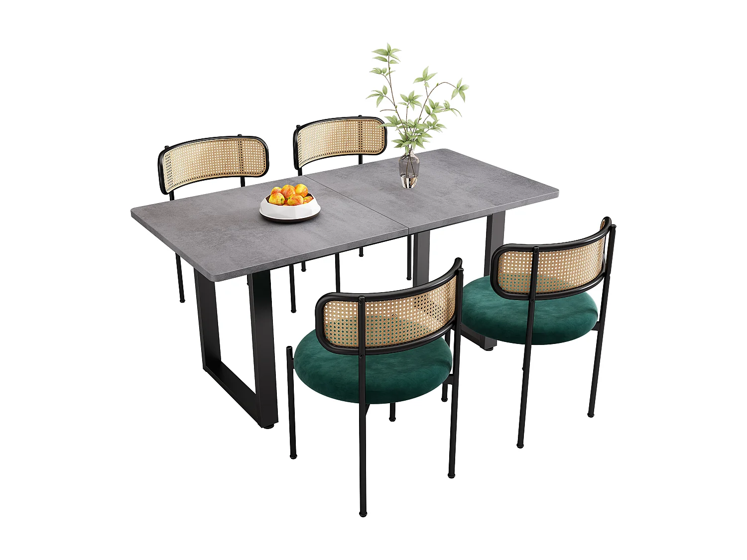 Ensemble Table à manger et chaises, 5 pièces, 4 chaises velours, 1 table rectangulaire MDF, noir + gris + vert (L140/180 x l80 x H75 cm)