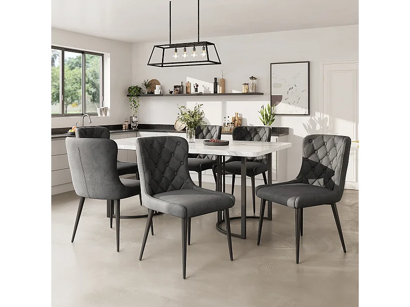 Table de salle à manger avec 6 chaises, MDF, noir, pieds métalliques (140x80x75 cm)