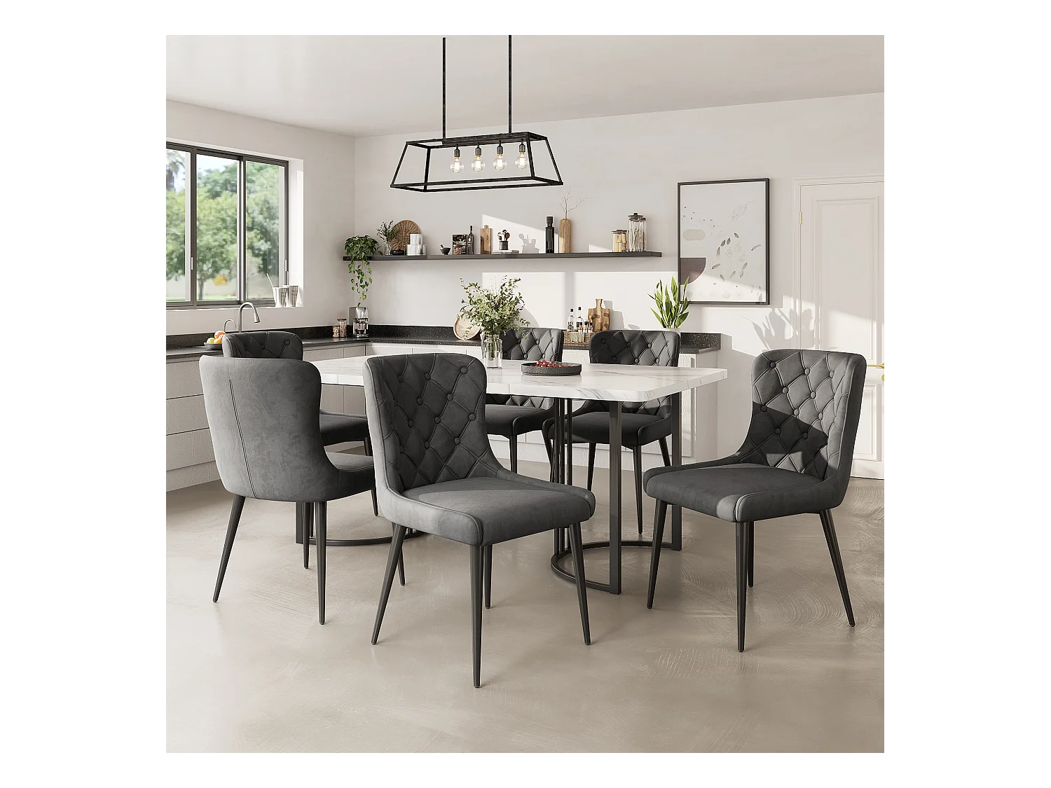 Table de salle à manger avec 6 chaises, MDF, noir, pieds métalliques (140x80x75 cm)