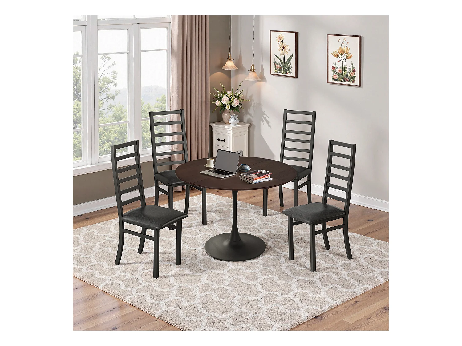 Ensemble de table à manger pour 4 personnes, table tulipe 120CM avec 4 chaises, pour salle à manger, café, petits espaces  (120x120x75 cm)