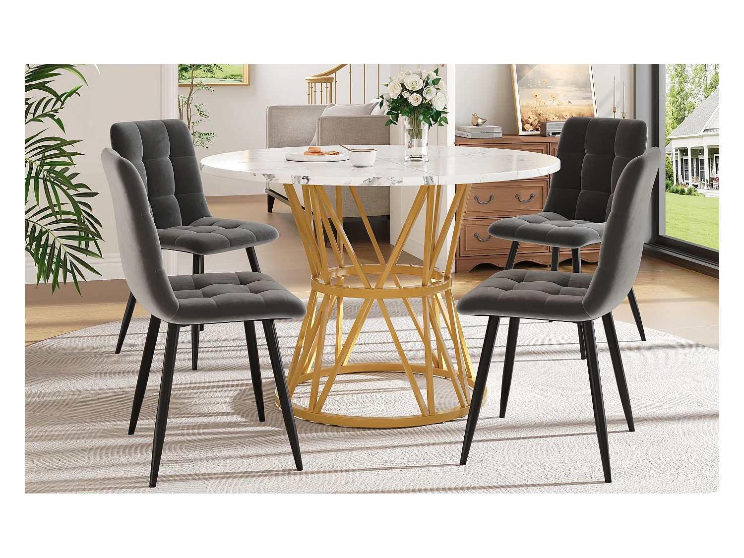 Luxe ronde eetkamerset, 4 grijze fluwelen stoelen, gemarmerd MDF-blad, gouden metalen poten (100x100x76cm)