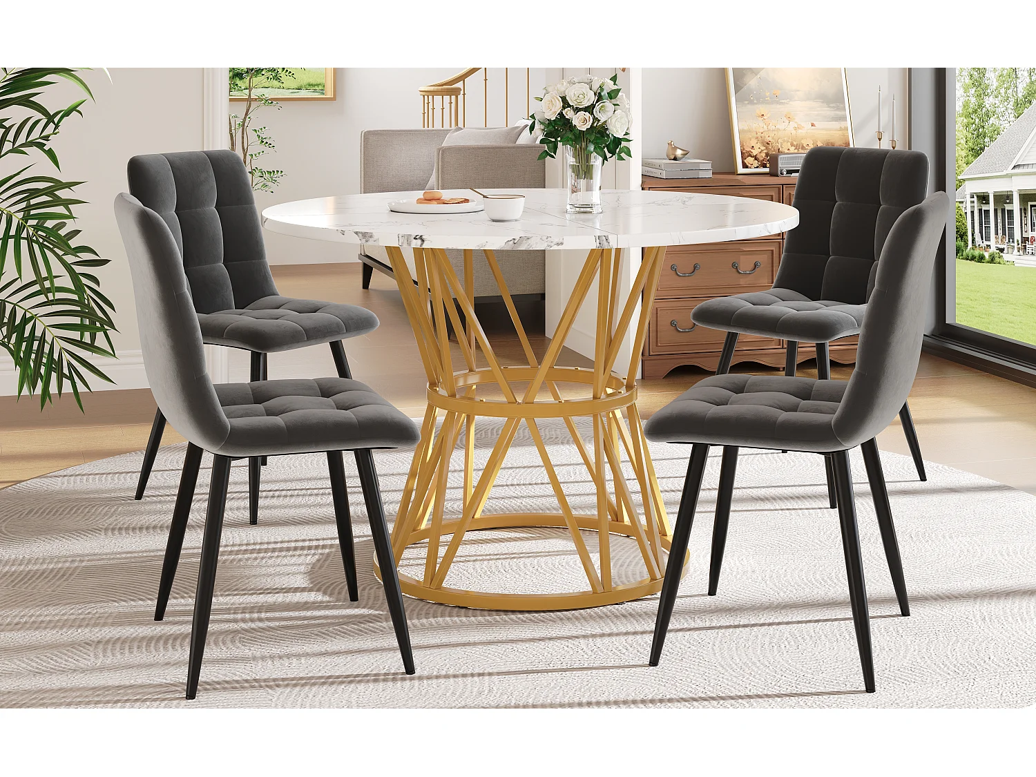 Ensemble de salle à manger rond luxe, 4 chaises velours gris, plateau MDF marbré, pieds métal doré (100x100x76cm)