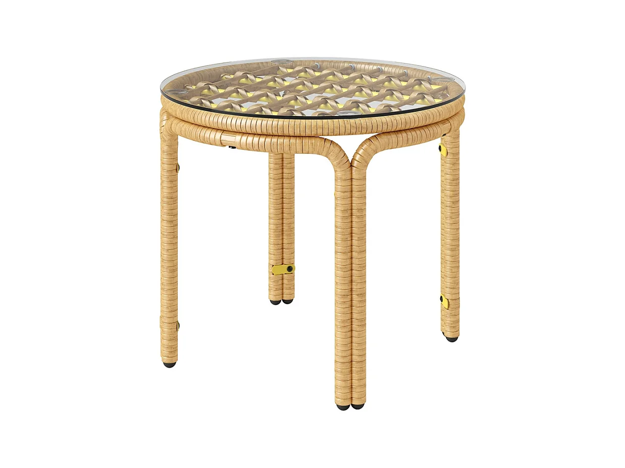 Ronde rotan bijzettafel met glazen blad, modern design, voor tuin, terras en balkon (Ø50 cm)