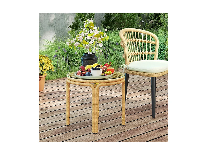 Ronde rotan bijzettafel met glazen blad, modern design, voor tuin, terras en balkon (Ø50 cm)