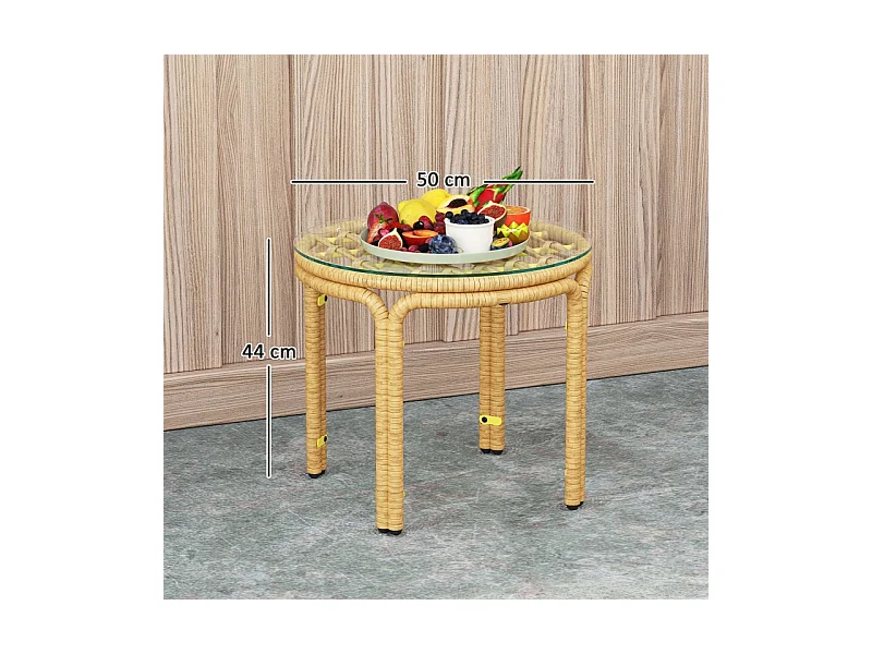 Ronde rotan bijzettafel met glazen blad, modern design, voor tuin, terras en balkon (Ø50 cm)