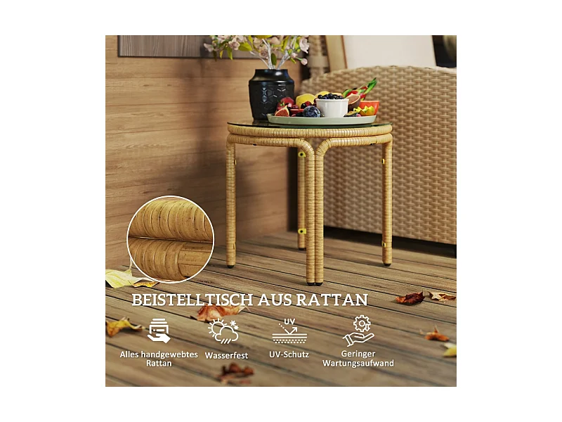 Ronde rotan bijzettafel met glazen blad, modern design, voor tuin, terras en balkon (Ø50 cm)
