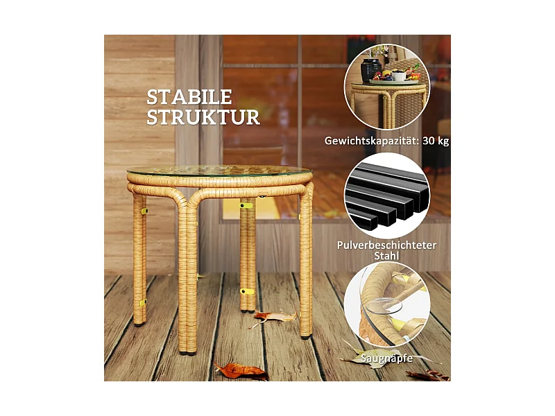 Ronde rotan bijzettafel met glazen blad, modern design, voor tuin, terras en balkon (Ø50 cm)