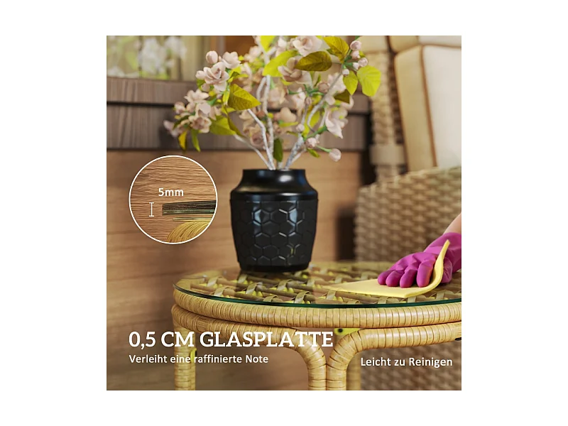 Ronde rotan bijzettafel met glazen blad, modern design, voor tuin, terras en balkon (Ø50 cm)