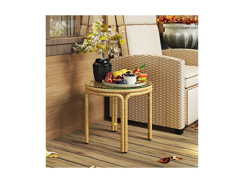 Ronde rotan bijzettafel met glazen blad, modern design, voor tuin, terras en balkon (Ø50 cm)