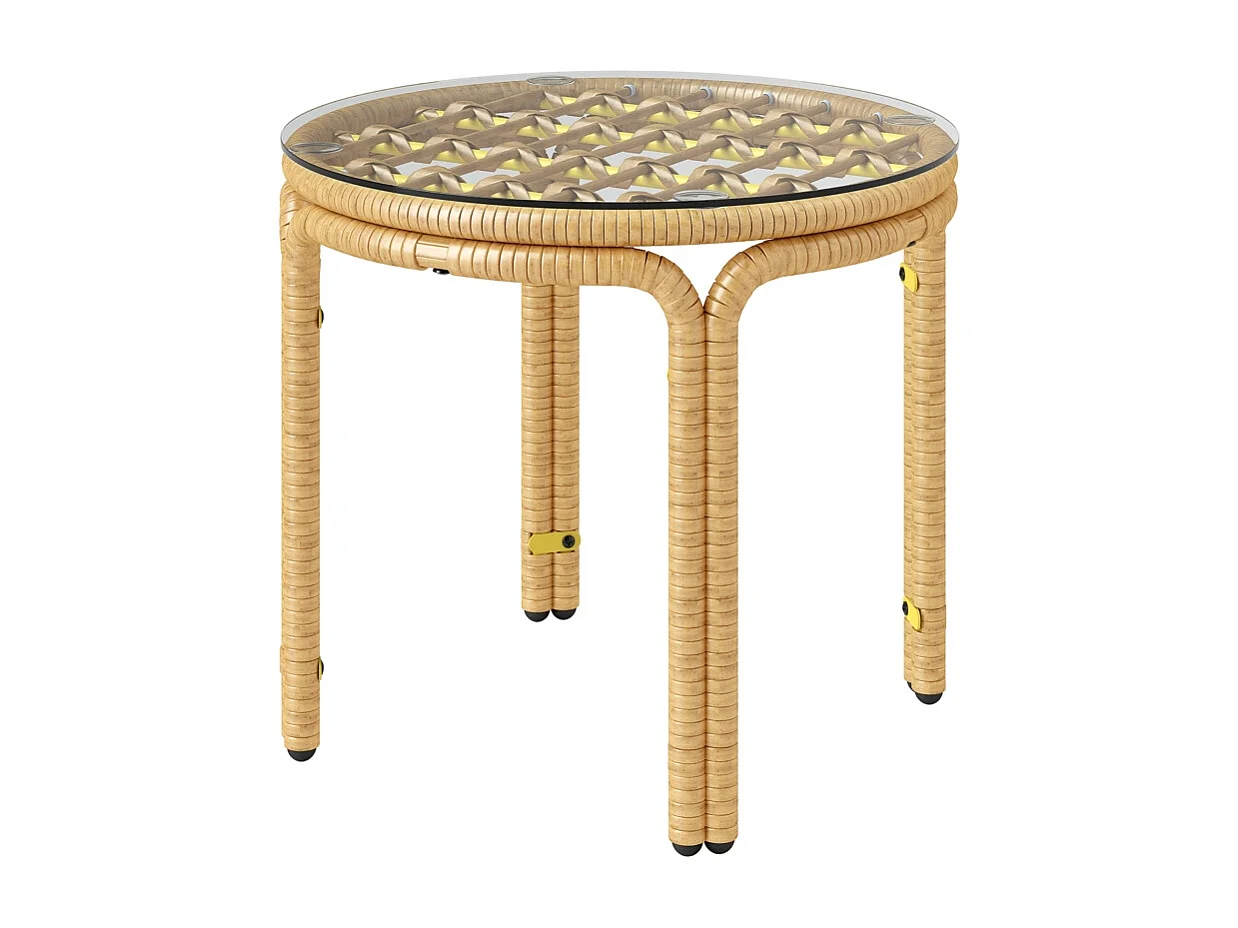Table d'appoint ronde en rotin, avec plateau en verre, design moderne, pour jardin, terrasse et balcon (Ø50 cm)