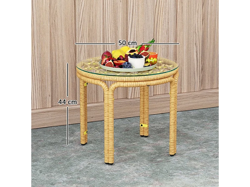 Table d'appoint ronde en rotin, avec plateau en verre, design moderne, pour jardin, terrasse et balcon (Ø50 cm)