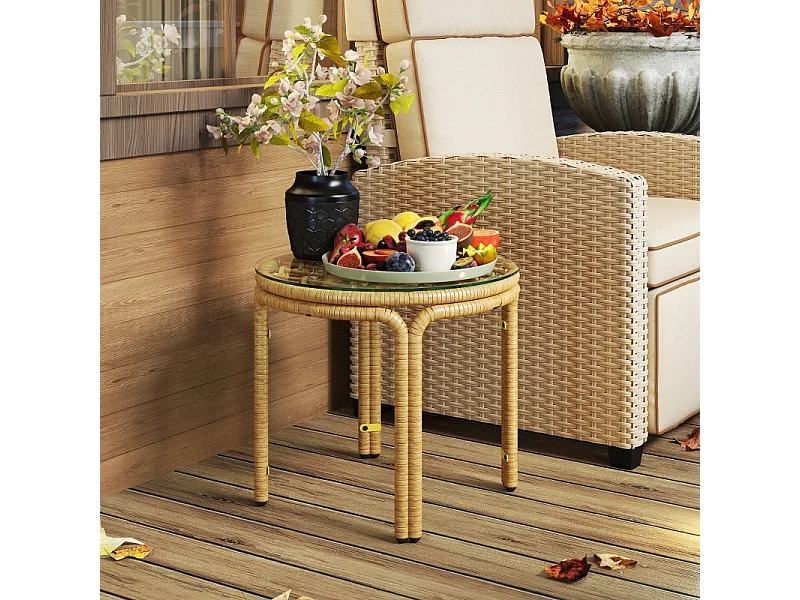 Table d'appoint ronde en rotin, avec plateau en verre, design moderne, pour jardin, terrasse et balcon (Ø50 cm)