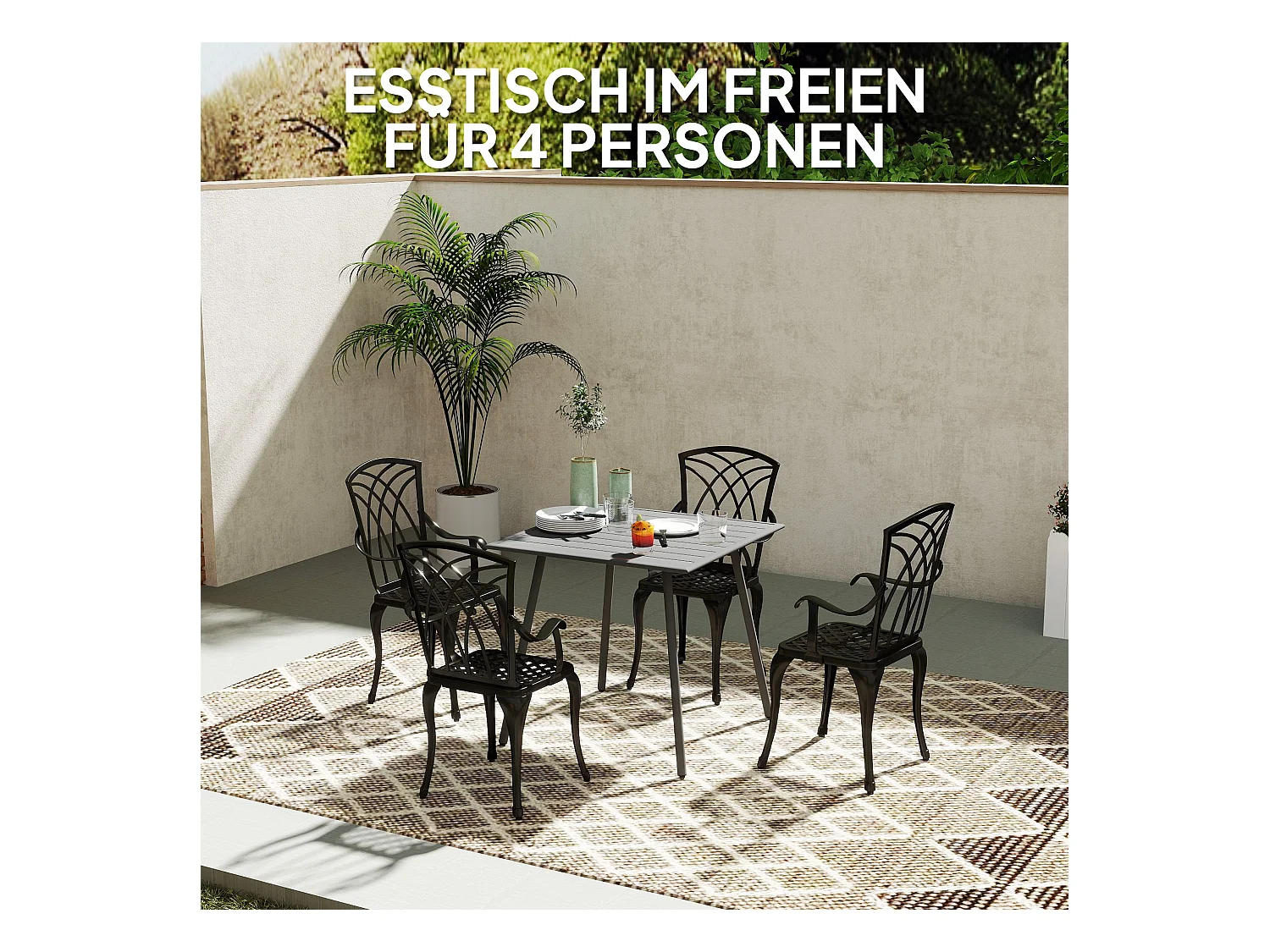 Tuintafel, in hoogte verstelbare buitentafel, metaal en kunststof, grijs (80x80x74 cm)