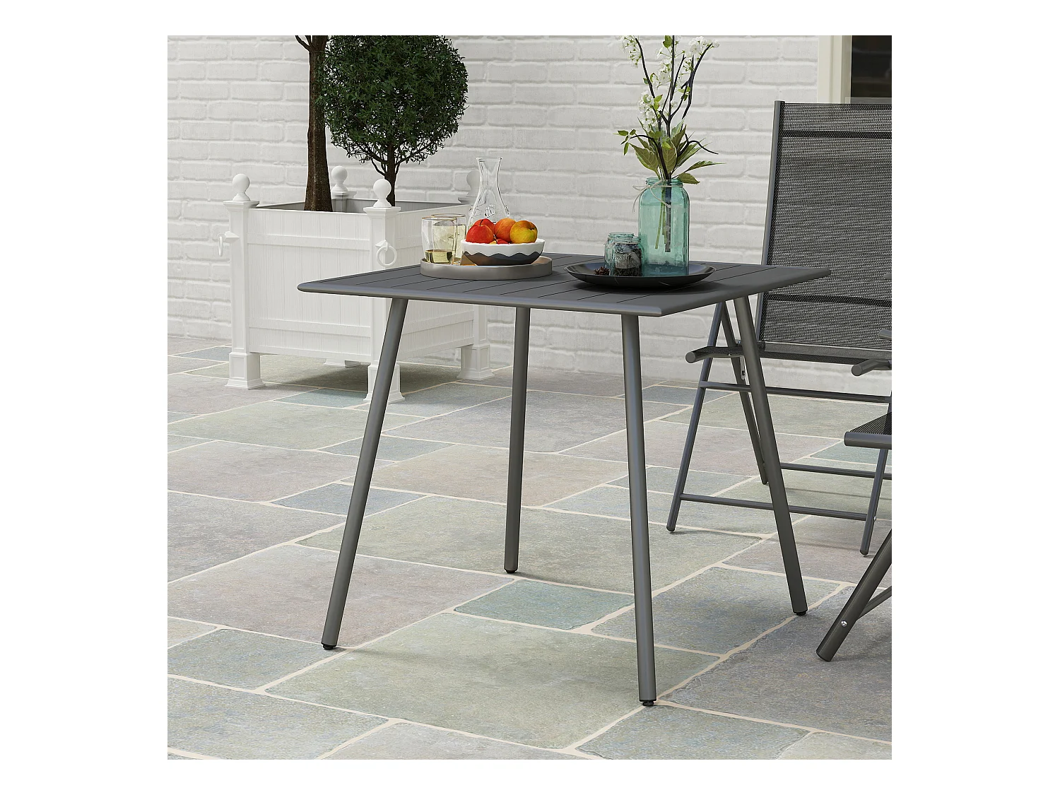 Tuintafel, in hoogte verstelbare buitentafel, metaal en kunststof, grijs (80x80x74 cm)