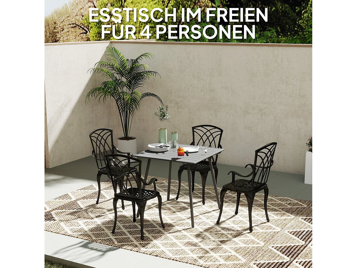 Table de jardin, table extérieure réglable en hauteur, métal et plastique, gris (80x80x74 cm)