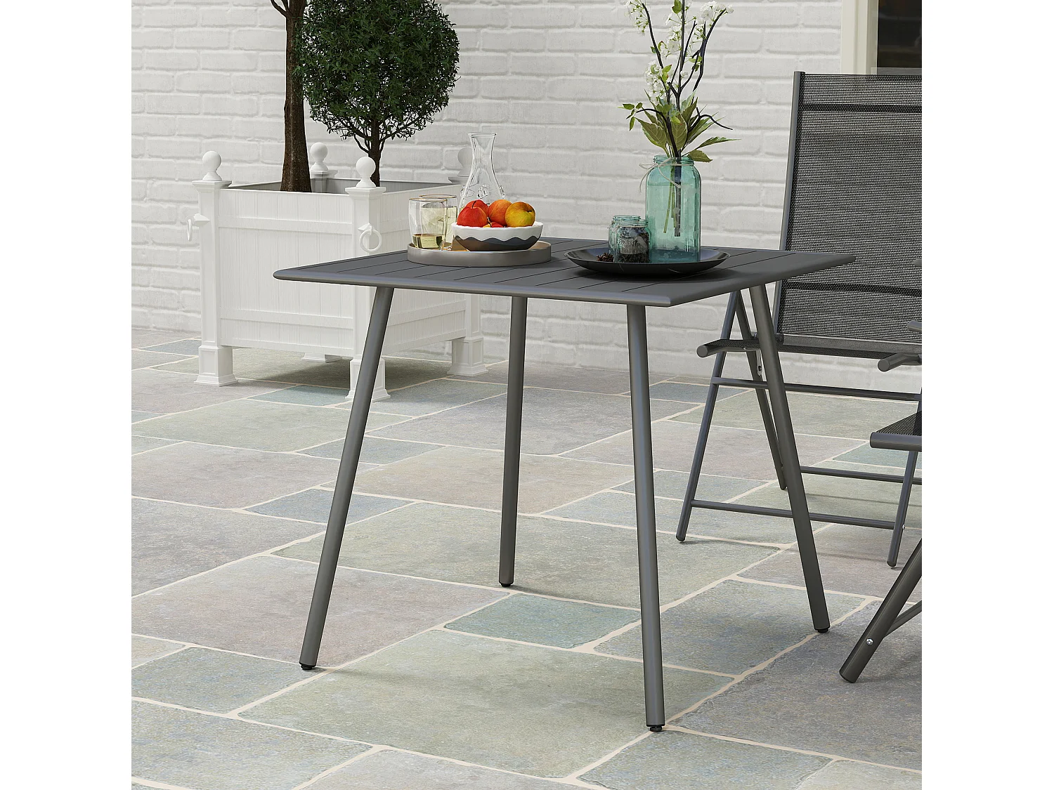 Table de jardin, table extérieure réglable en hauteur, métal et plastique, gris (80x80x74 cm)