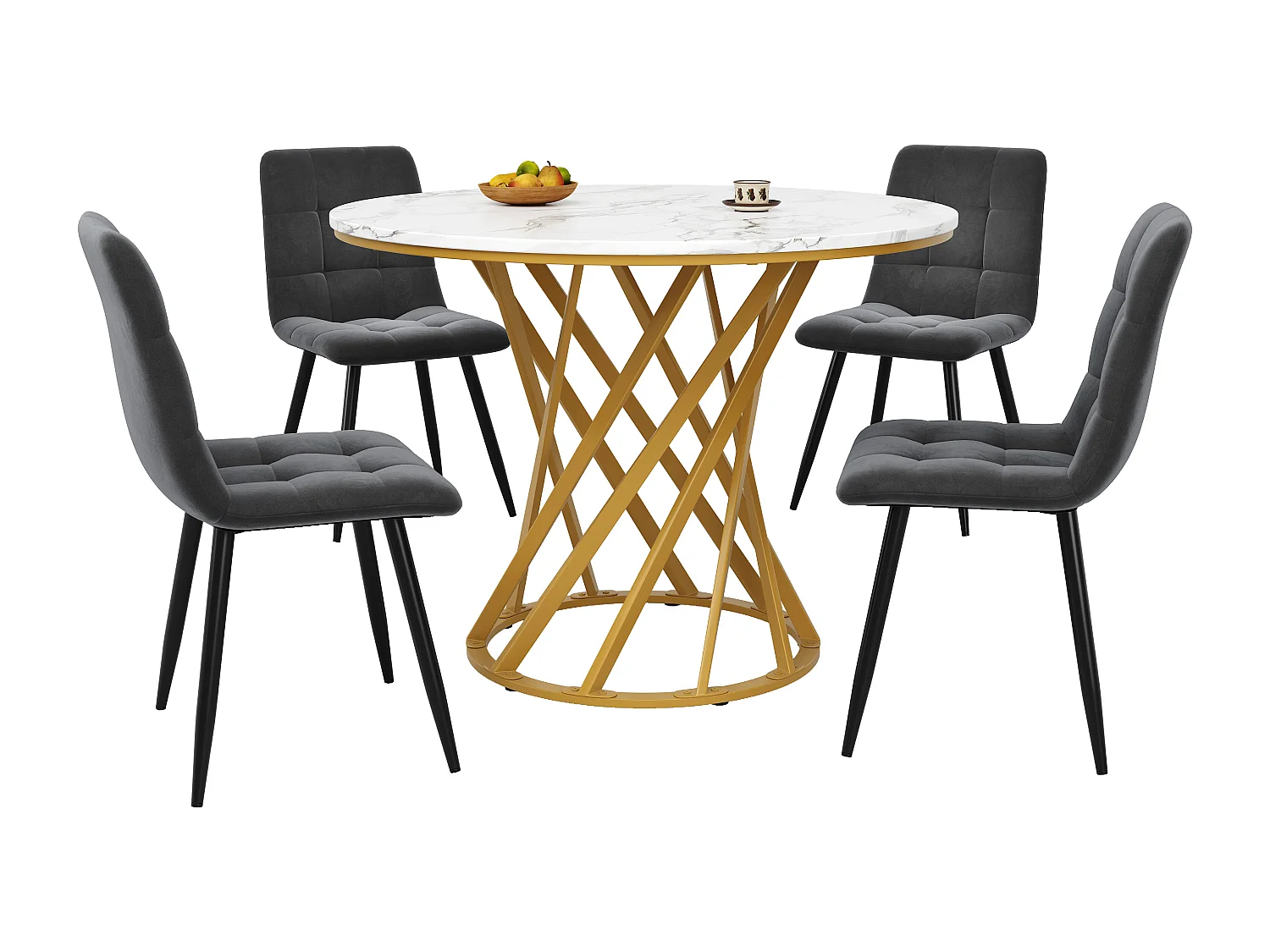 Ensemble Table à Manger Ronde avec 4 Chaises, MDF Effet Marbre, Pieds Métalliques Noirs, Chaises en Velours Gris Foncé (80x80x76 cm)