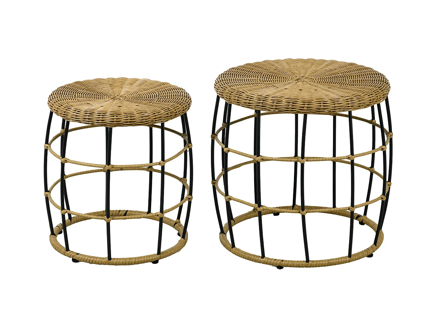 Lot de 2 tables basses empilables en rotin, kaki, pour jardin et terrasse (Ø58x53cm)