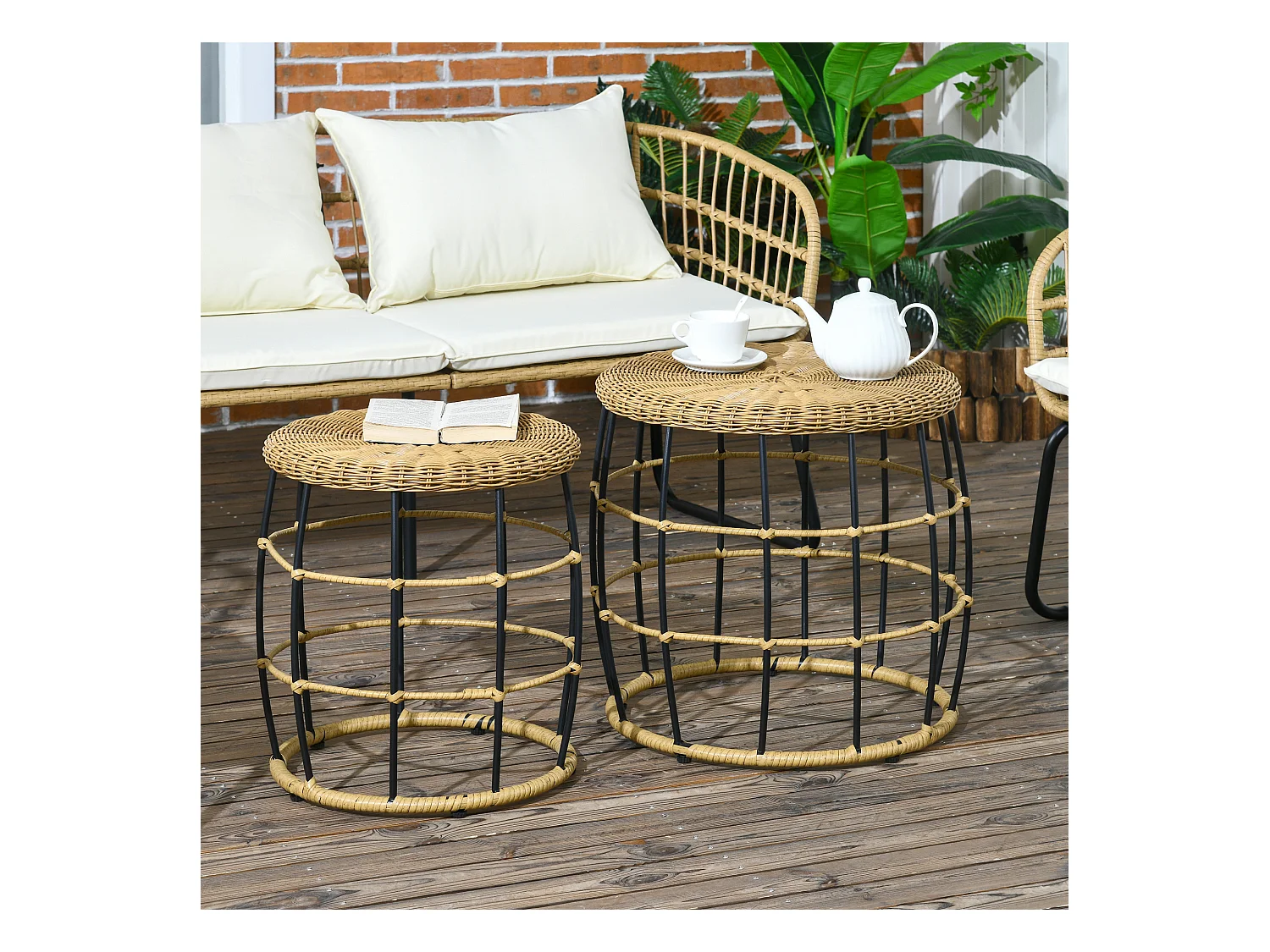 Lot de 2 tables basses empilables en rotin, kaki, pour jardin et terrasse (Ø58x53cm)