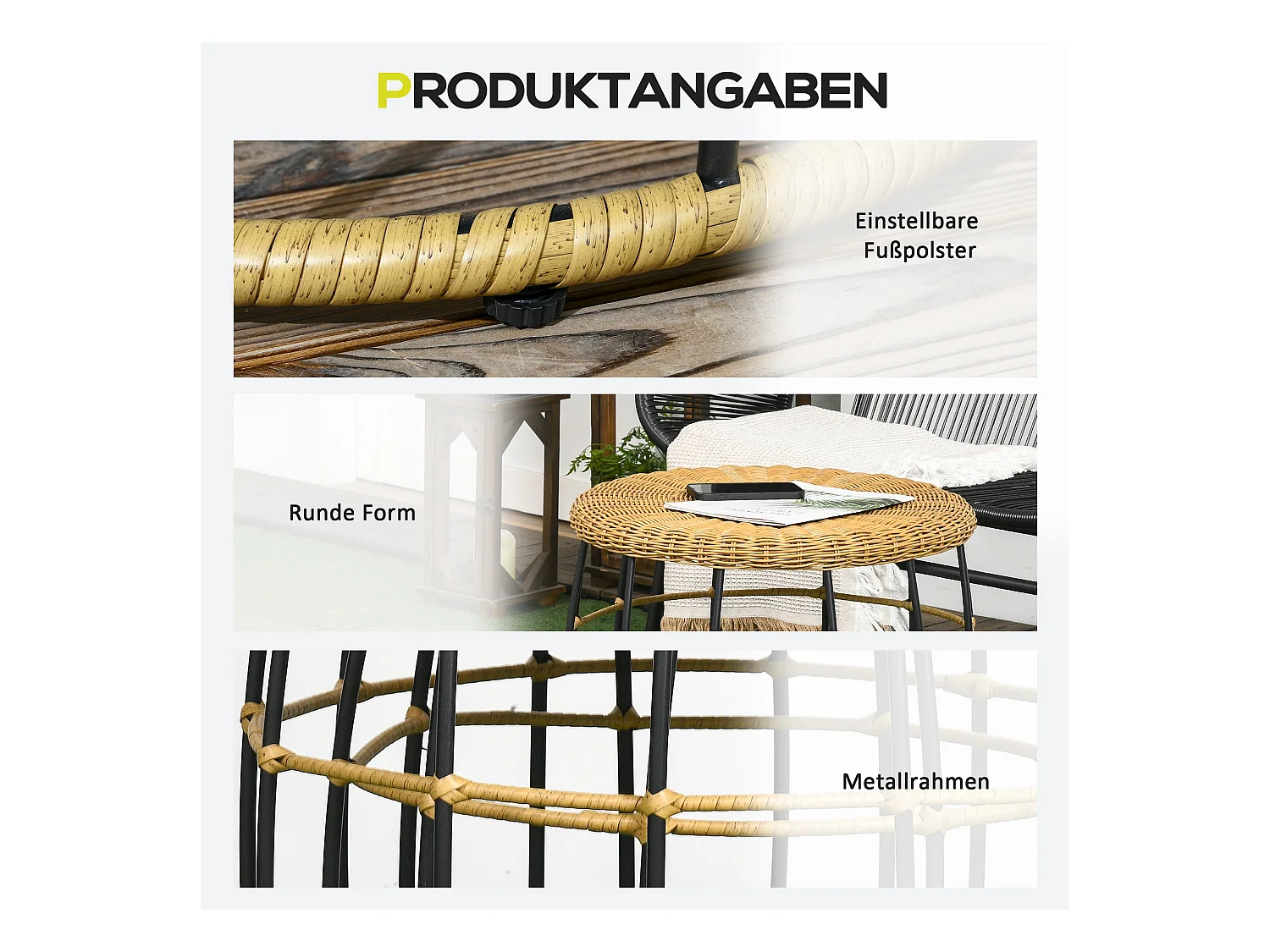 Lot de 2 tables basses empilables en rotin, kaki, pour jardin et terrasse (Ø58x53cm)