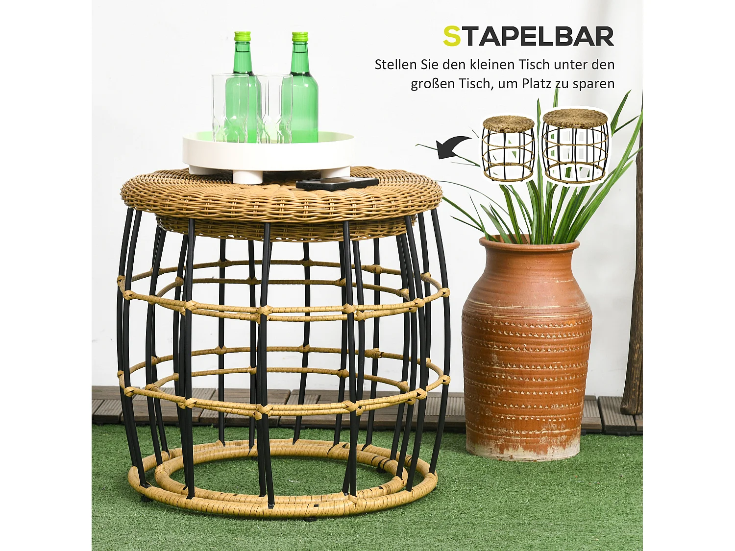 Lot de 2 tables basses empilables en rotin, kaki, pour jardin et terrasse (Ø58x53cm)