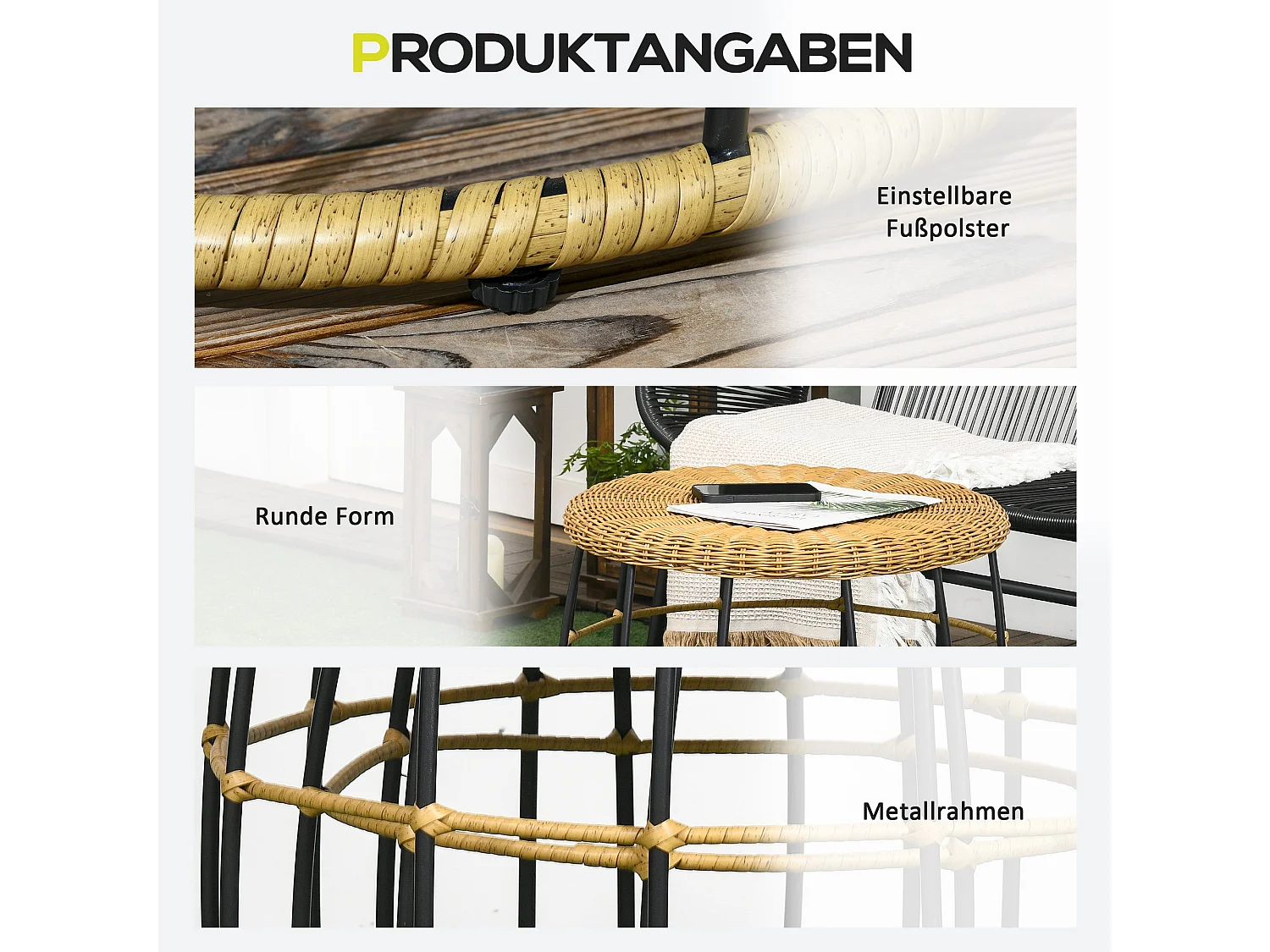 Lot de 2 tables basses empilables en rotin, kaki, pour jardin et terrasse (Ø58x53cm)