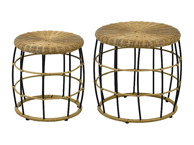 Lot de 2 tables basses empilables en rotin, kaki, pour jardin et terrasse (Ø58x53cm)