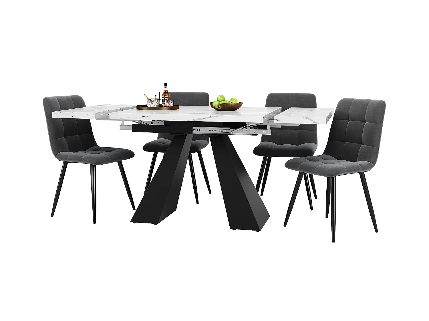 Tavolo da pranzo allungabile per 4 persone, 160x80 cm, tavolo in MDF bianco, gambe in metallo, sedie in velluto grigio (160-179,5x80x75 cm)