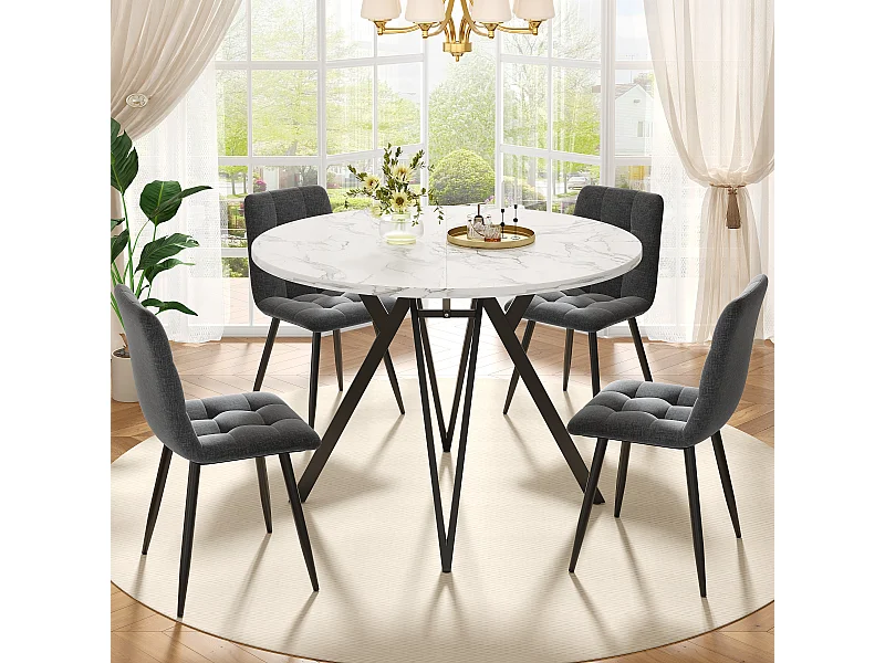 Conjunto de comedor redondo moderno, 4 sillas de terciopelo gris, tablero de MDF jaspeado, patas de metal negro (100x100x76cm)