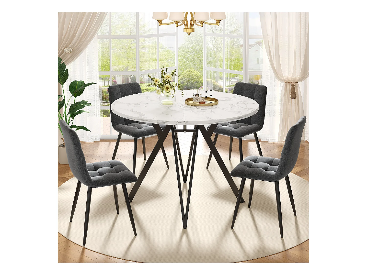 Ensemble de salle à manger rond moderne, 4 chaises velours gris, plateau MDF marbré, pieds métal noir (100x100x76cm)