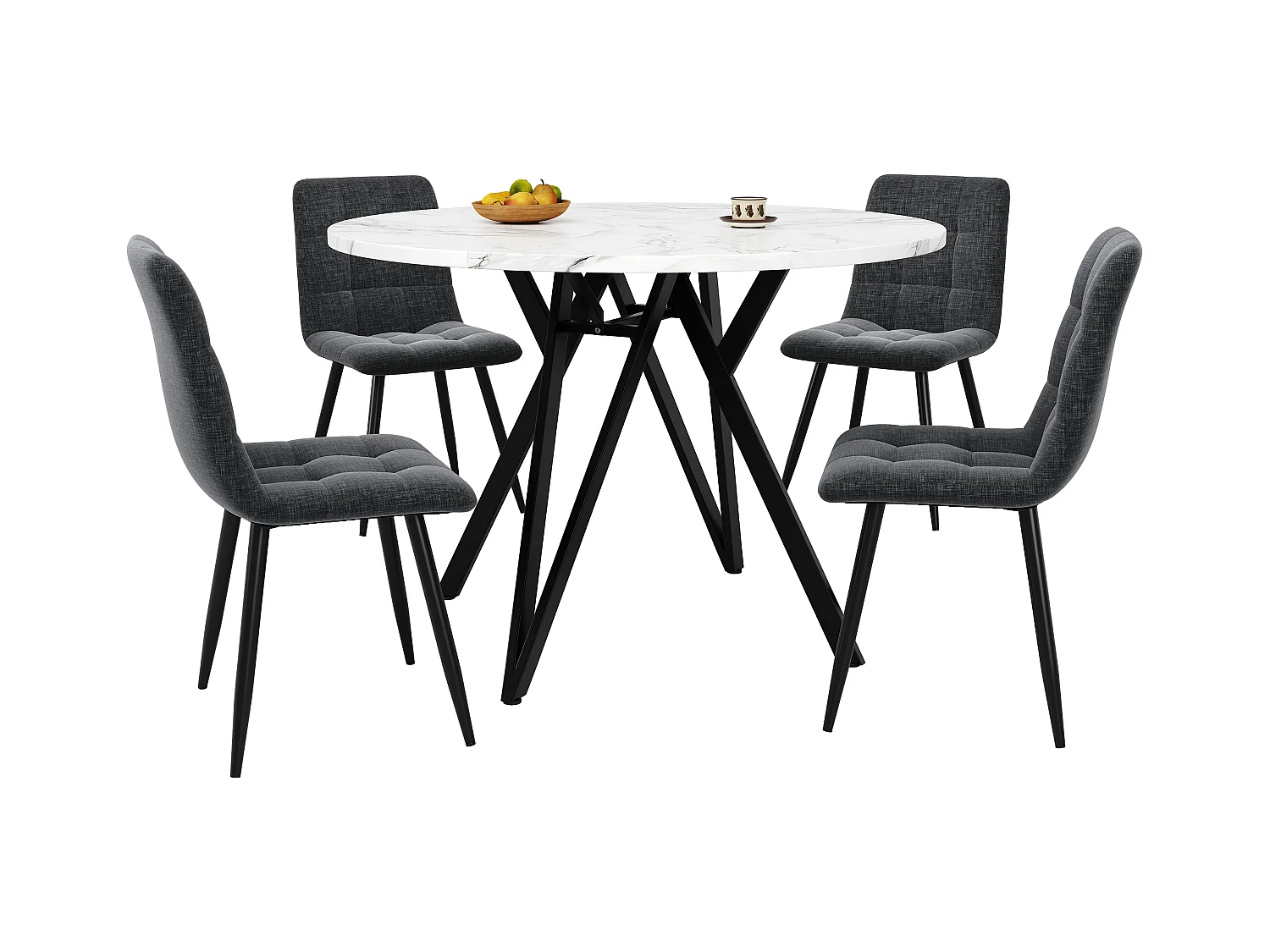 Ensemble de salle à manger rond moderne, 4 chaises velours gris, plateau MDF marbré, pieds métal noir (100x100x76cm)